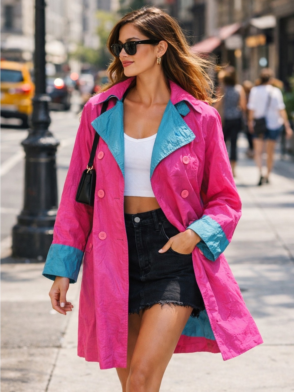 VTG 80s Windbreaker Double-Breasted Peacoat Jacket Small Magenta Turquoise